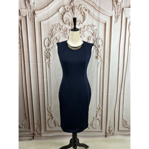 Calvin Klein Navy Blue Sleeveless Sheath Dress with Gold Chain Detail - Picture 1 of 7